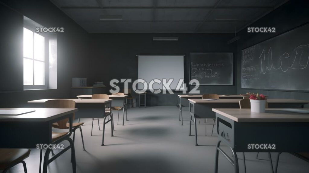 A view of an empty classroom with a chalkboard and projec