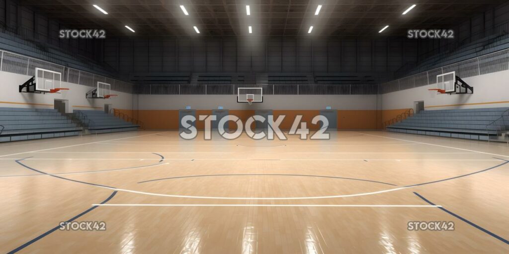 A view of an empty gymnasium with basketball hoops and bl