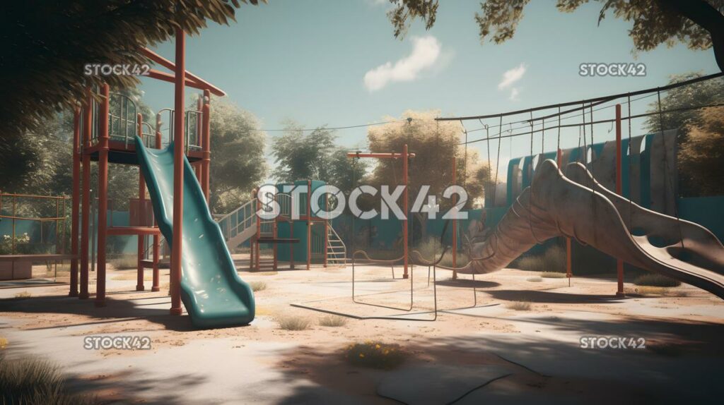 A view of an empty playground with a jungle gym slide and