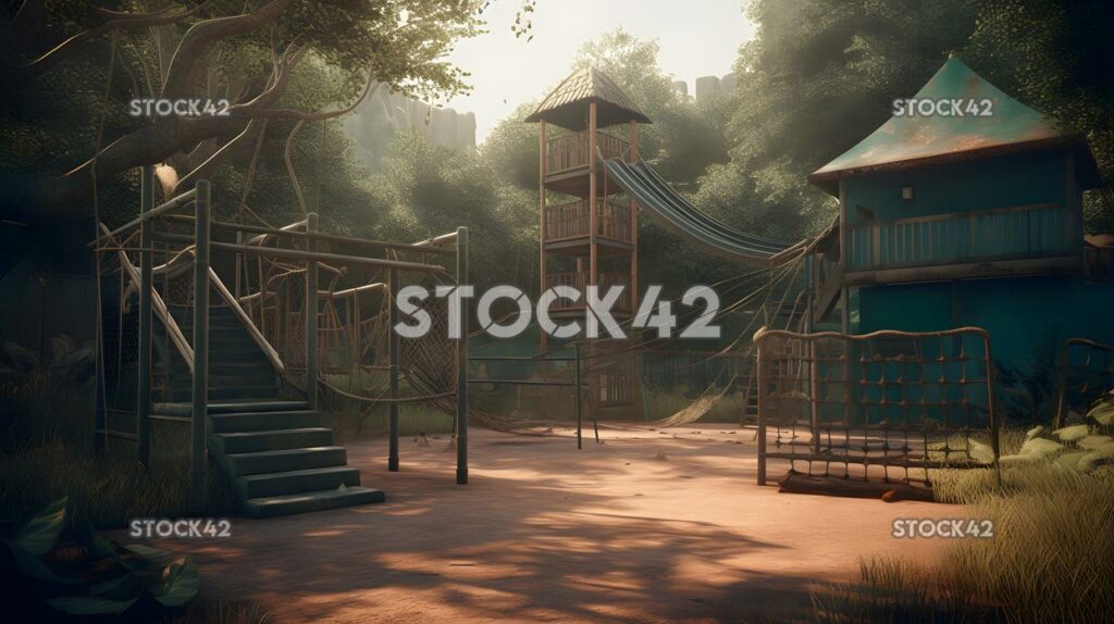 A view of an empty playground with a jungle gym slide and one