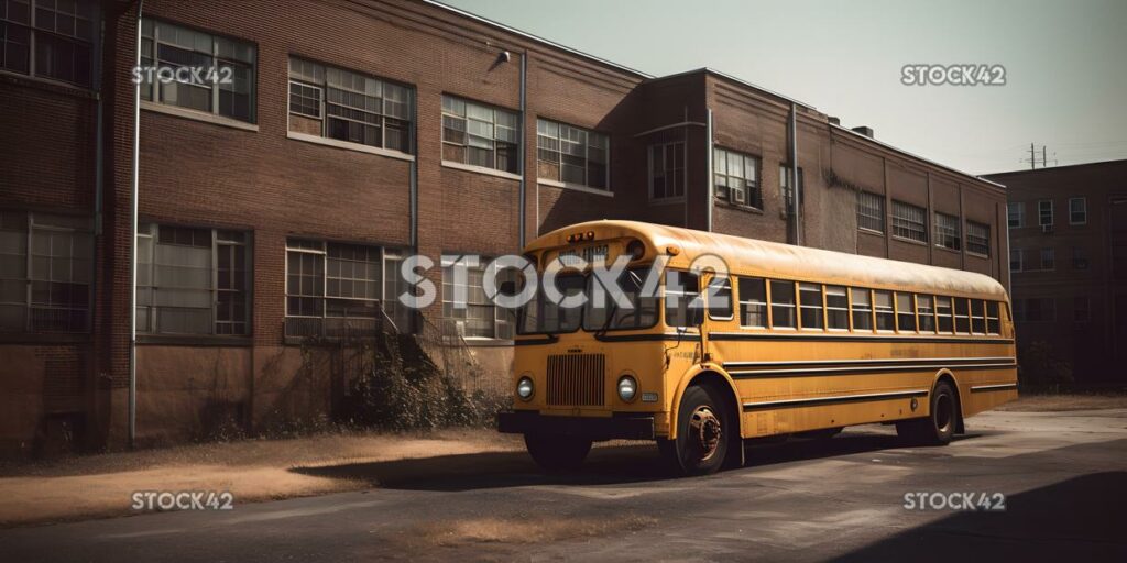 Ein Blick auf einen leeren Schulbus, der auf einem Parkplatz mit der Sc