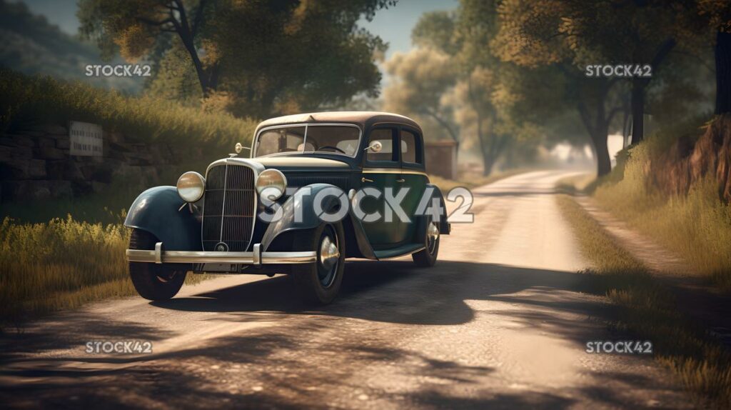 A vintage car cruising down a winding country road Hyper-