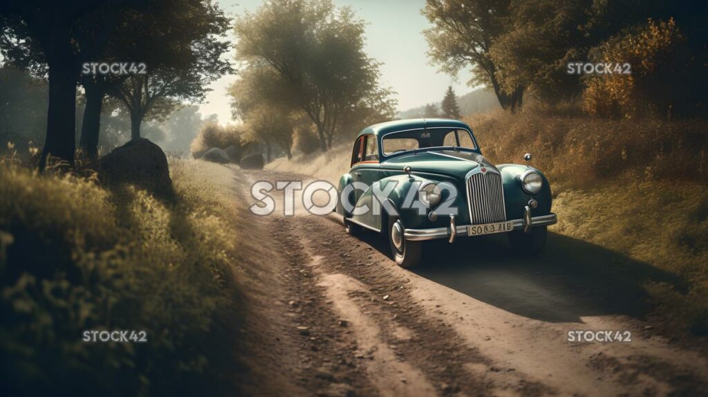 A vintage car cruising down a winding country road Hyper- one