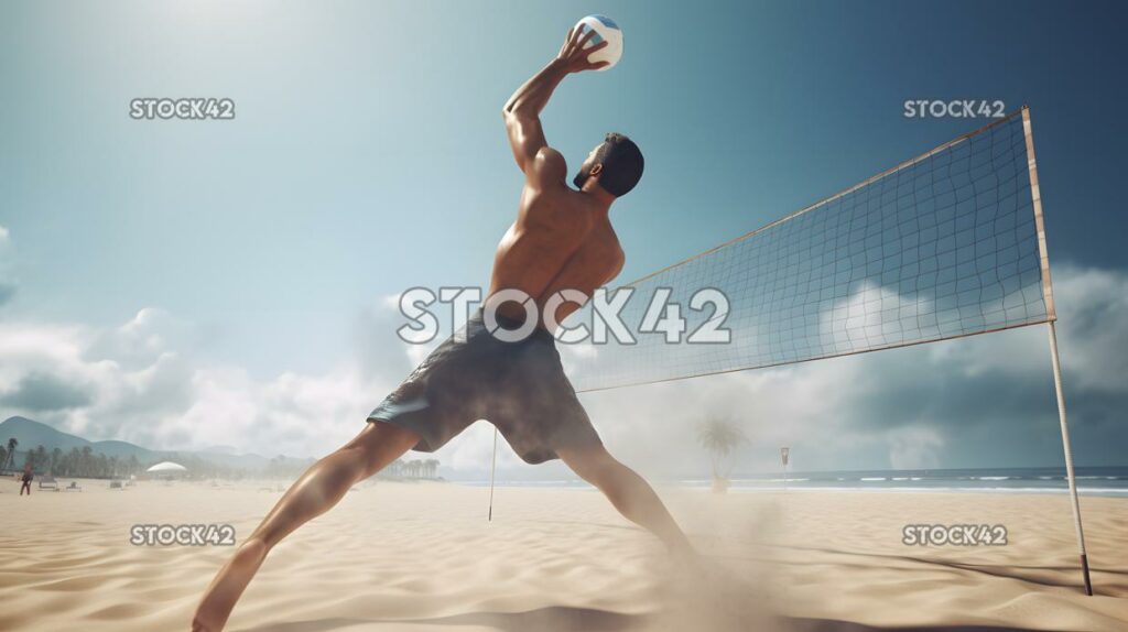 A volleyball player spiking the ball during a game on a b