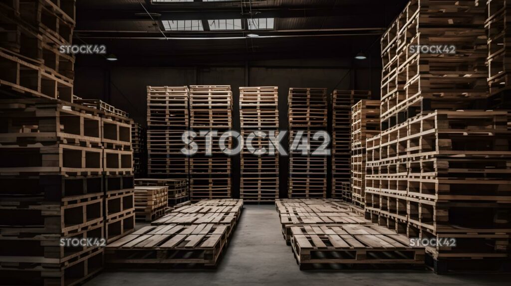 A warehouse with stacks of wooden pallets