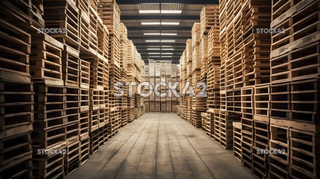 A warehouse with stacks of wooden pallets one