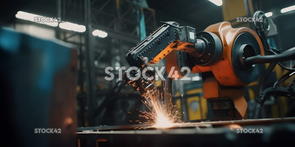 A welding robot working on a metal frame Hyper-realistic