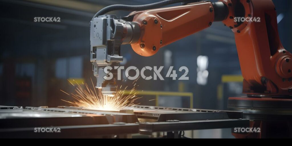 A welding robot working on a metal frame Hyper-realistic one