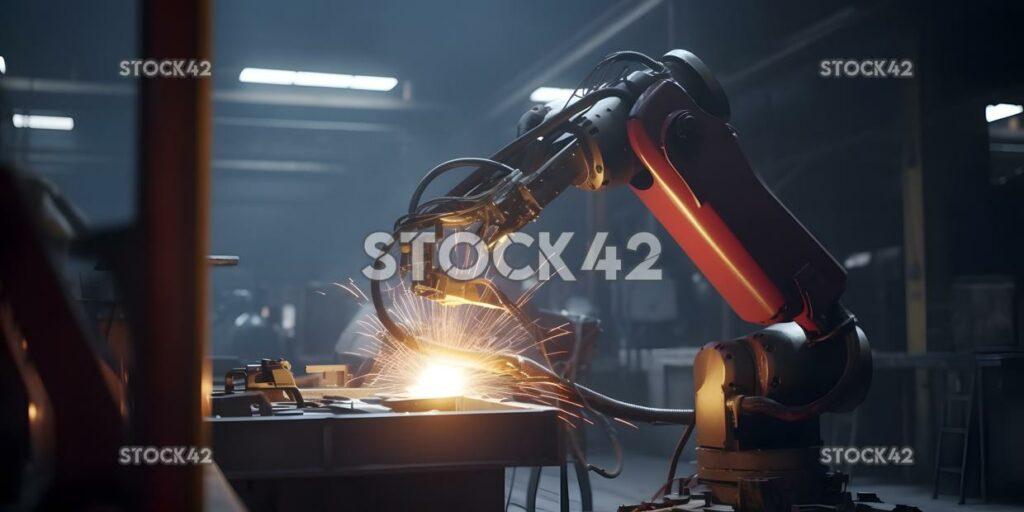 A welding robot working on a metal frame Hyper-realistic two