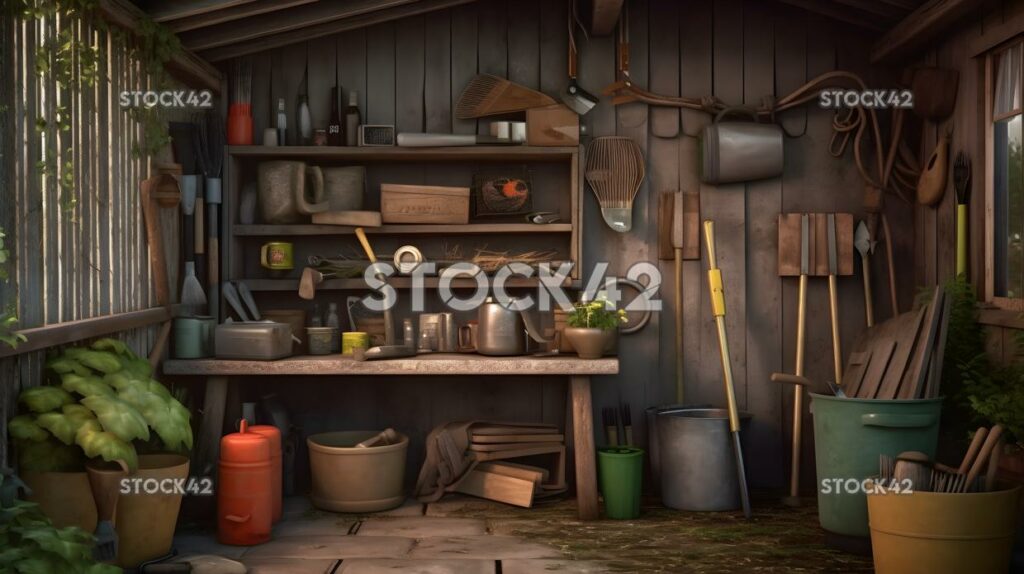 A well-organized tool shed with various gardening equipme one