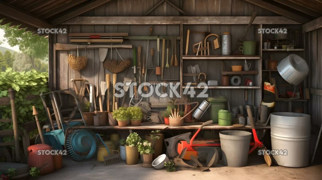 A well-organized tool shed with various gardening equipme two