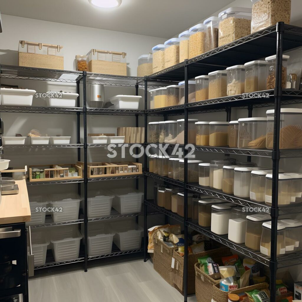 A well-stocked pantry in a commercial kitchen