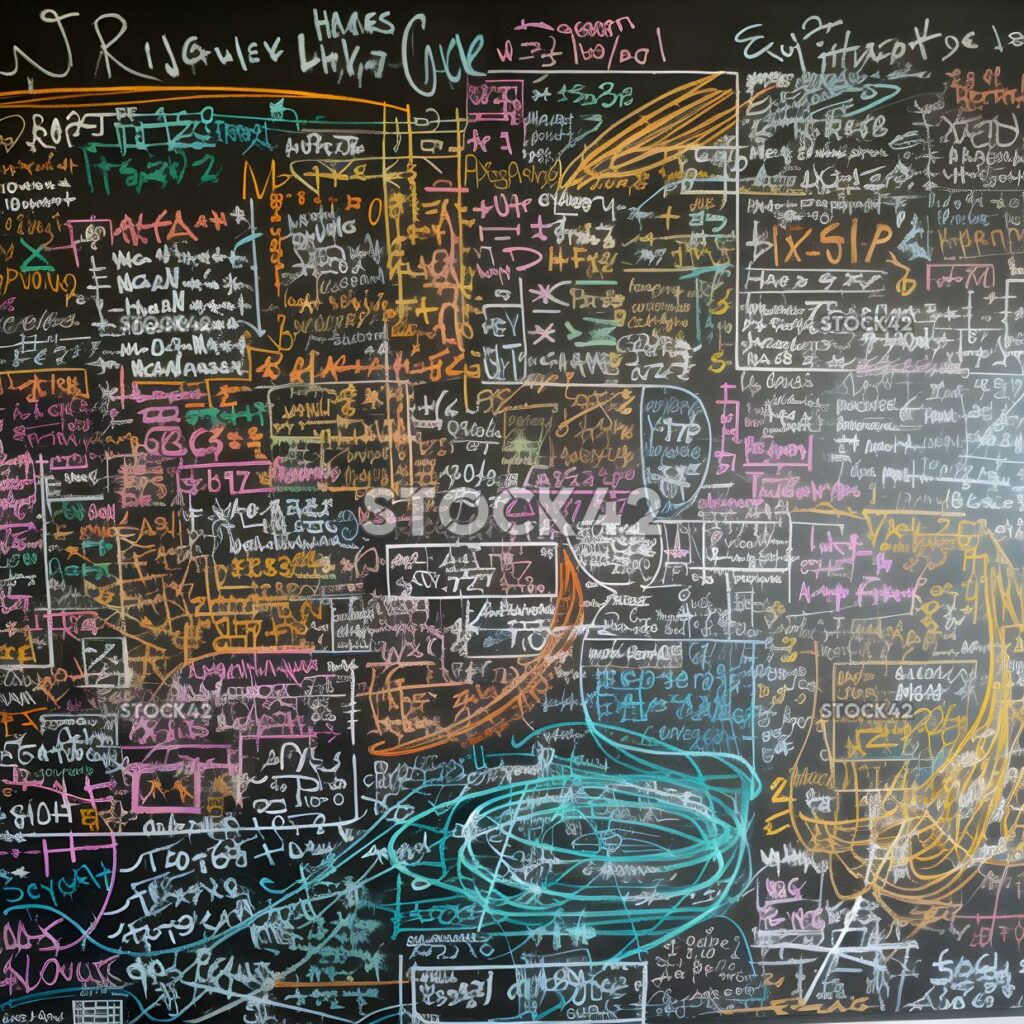 A whiteboard covered in equations and formulas written in one