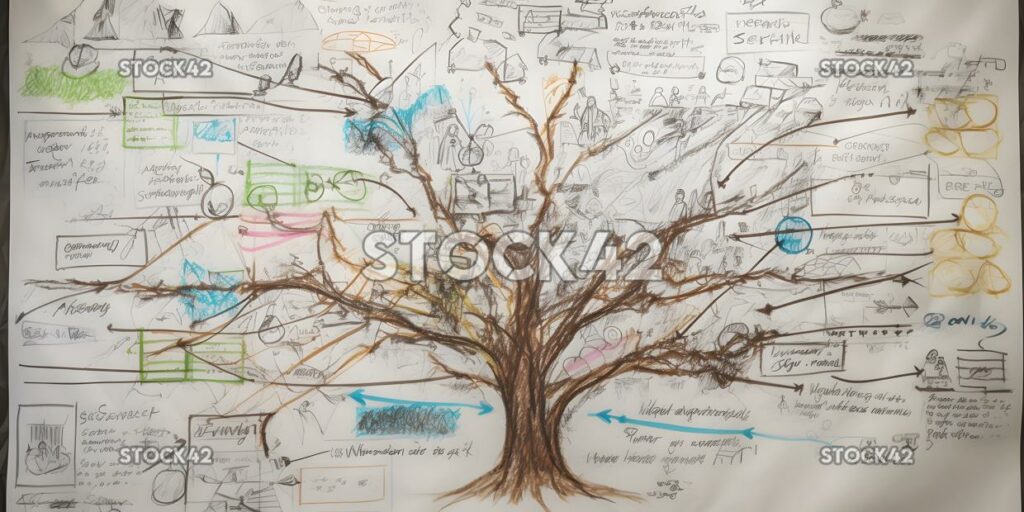 Ein Whiteboard mit einer Mindmap und Notizen darauf Hype