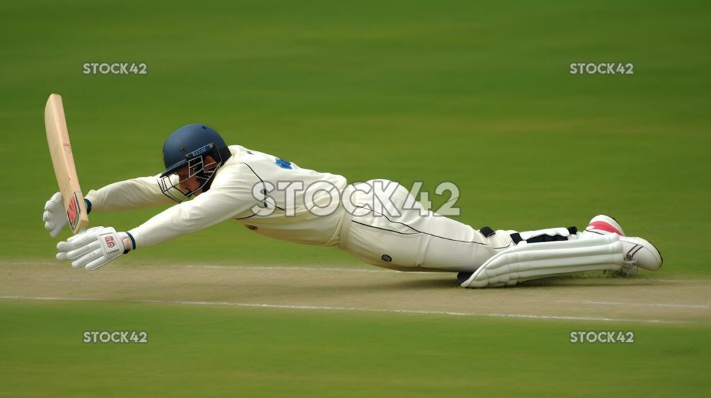 A wicketkeeper diving to make a catch behind the stumps d