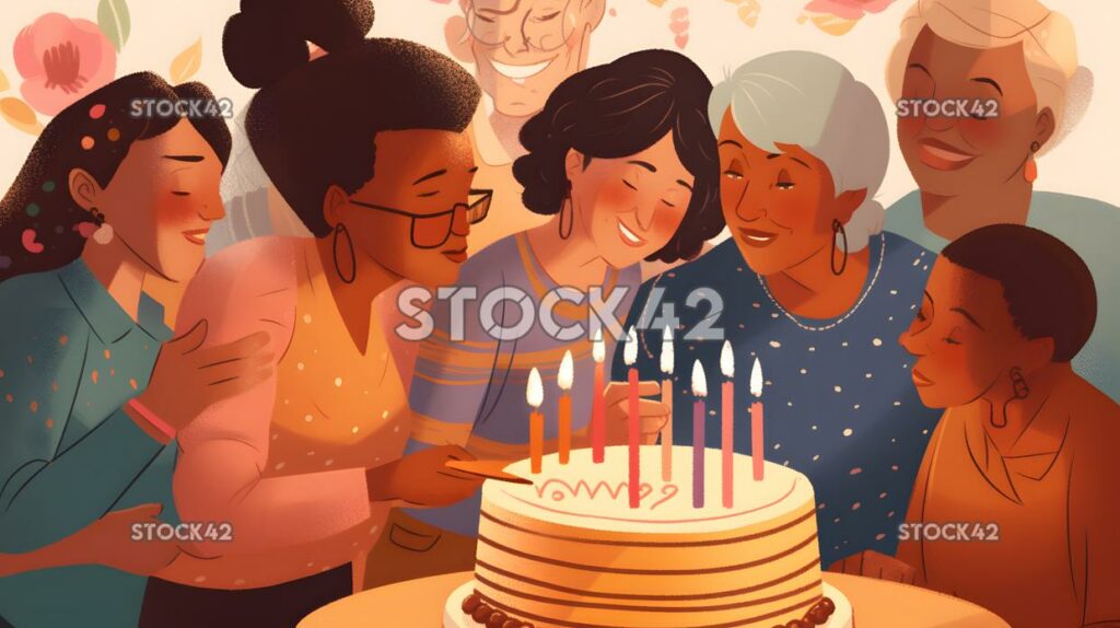 A woman blowing out candles on a birthday cake surrounded