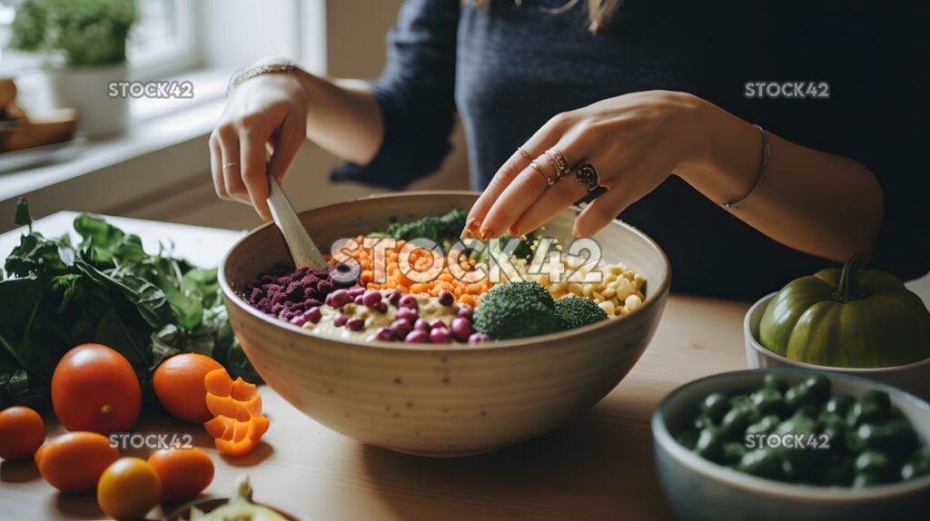 Una mujer felizmente preparando un buda sano y colorido b uno