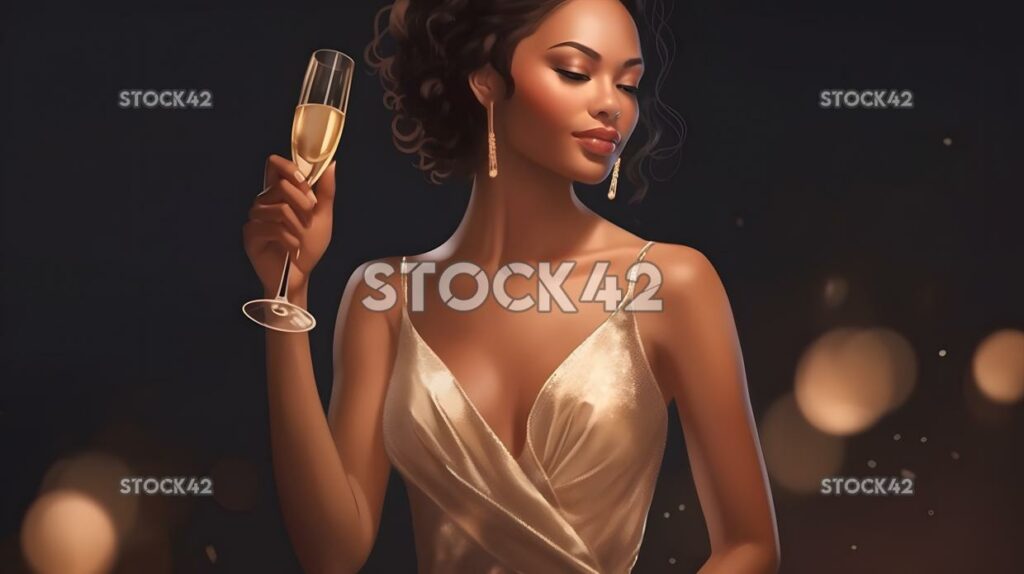 A woman in a sparkling dress holding a glass of champagne