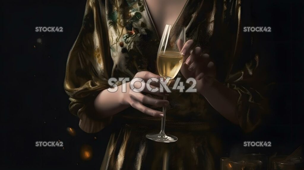 Eine Frau in einem glitzernden Kleid hält ein Glas Champagner