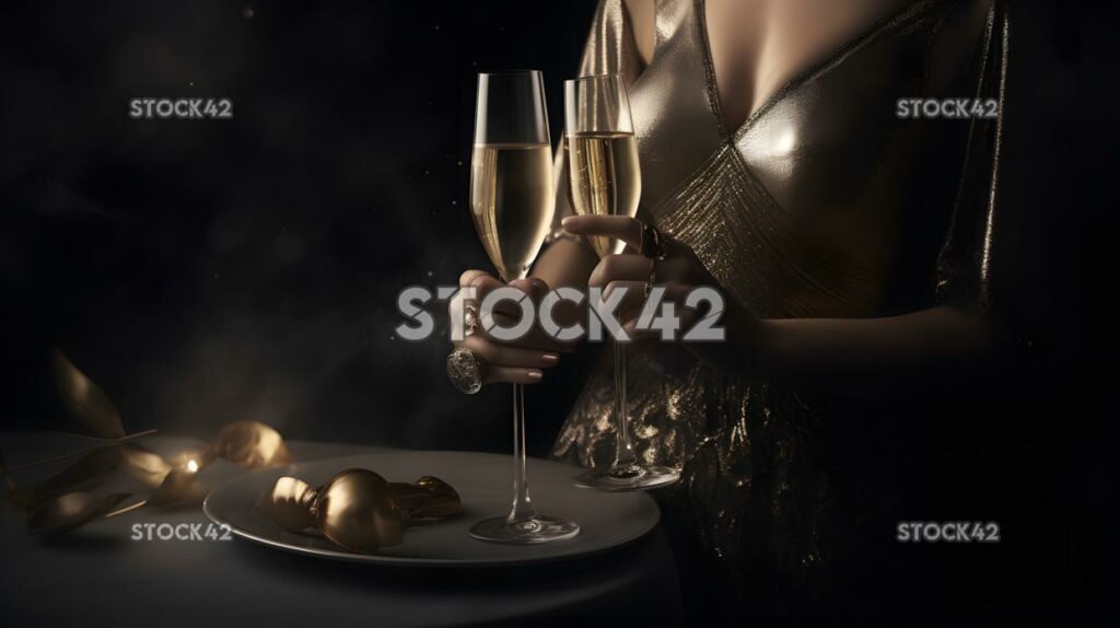 Eine Frau in einem glitzernden Kleid hält ein Glas Champagner in der Hand.