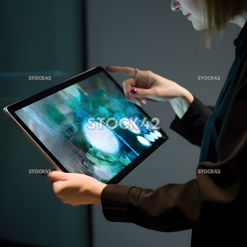 A woman is using a tablet to demonstrate a new product to