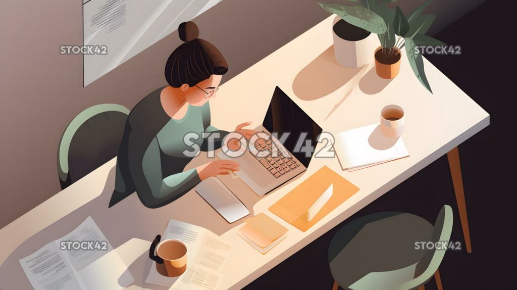 A woman working on a project from home with a laptop and_