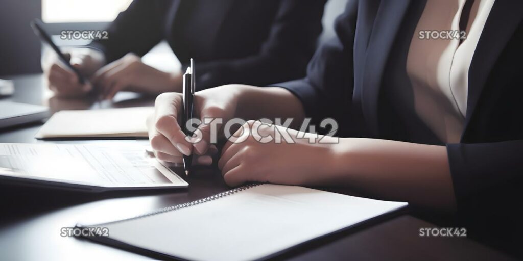 Una mujer escribiendo notas durante una reunión de negocios