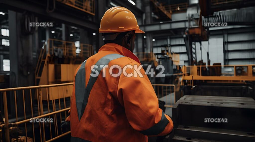 A worker in a hard hat operating a large crane in a manuf