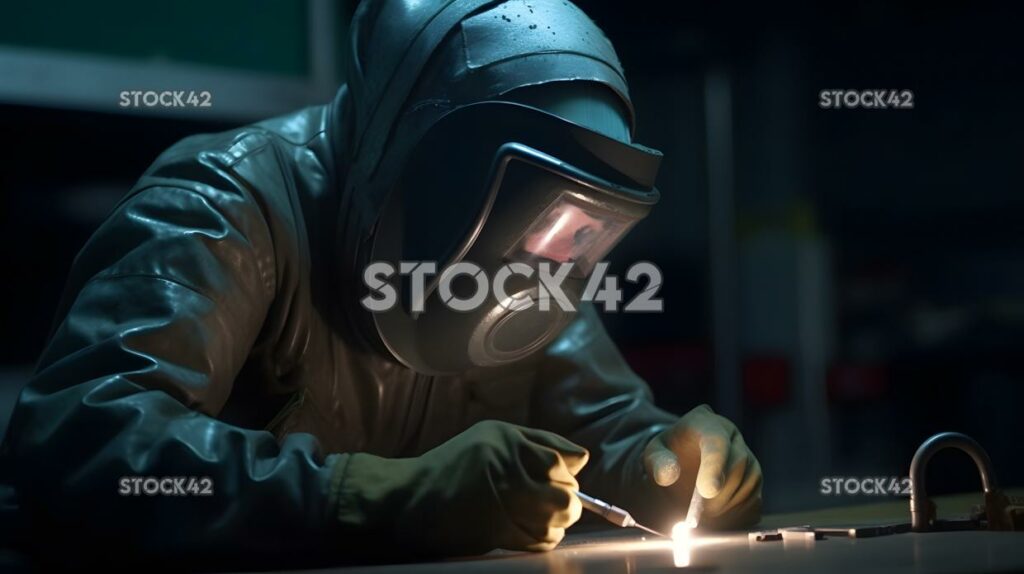 A worker in protective clothing welding metal parts in a  one