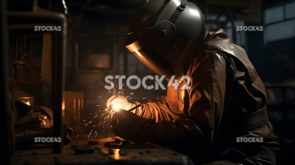 A worker in protective clothing welding metal parts in a  three