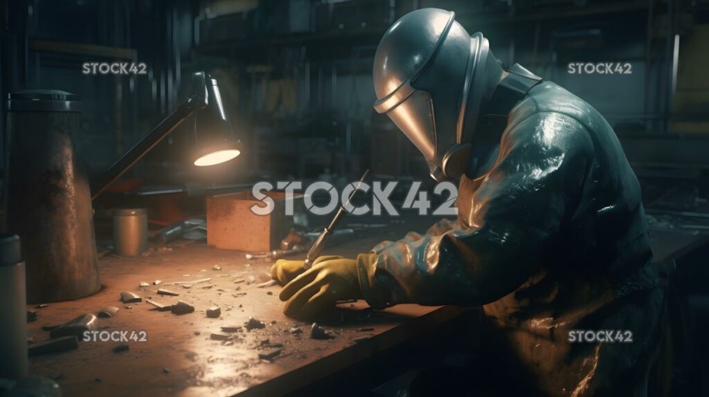 A worker in protective clothing welding metal parts in a  two