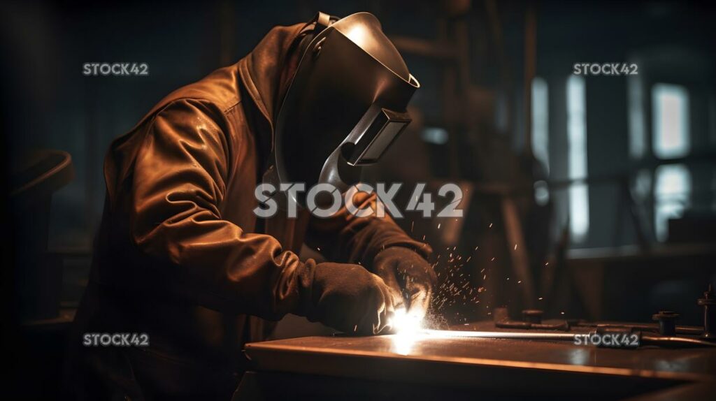 A worker in protective clothing welding metal parts in a_