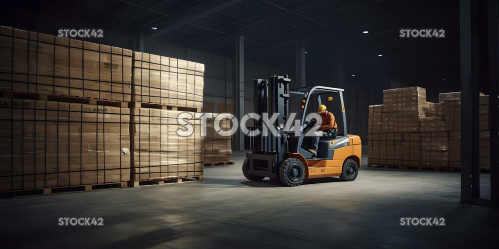 A worker using a forklift to move heavy crates in a stora