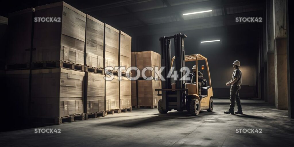 A worker using a forklift to move heavy crates in a stora one