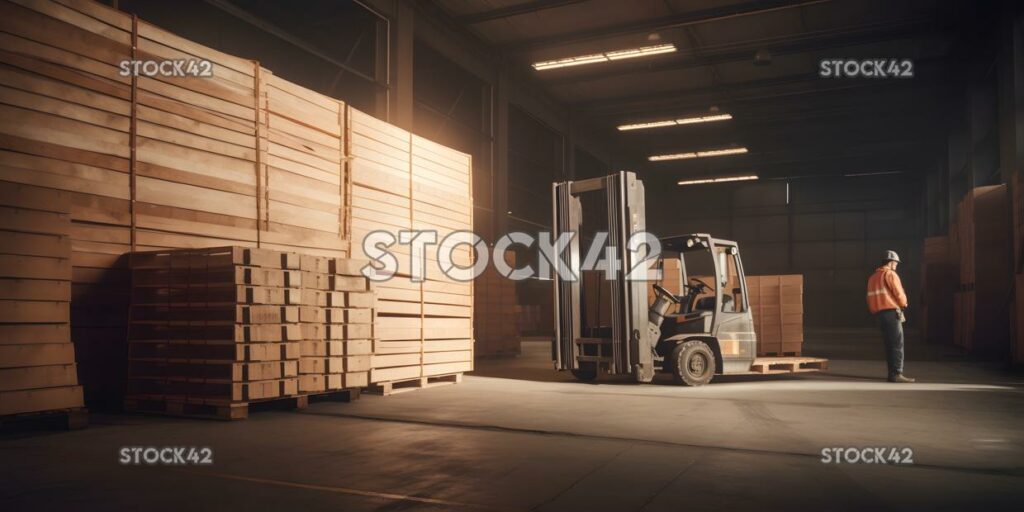 A worker using a forklift to move heavy crates in a stora two