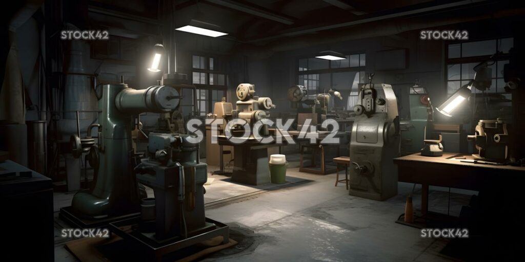 A workshop filled with various types of lathes and millin two