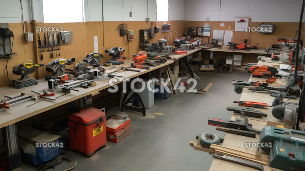 A workshop filled with various types of saws drills and o