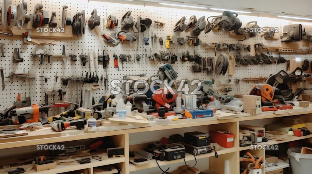 A workshop filled with various types of saws drills and o one