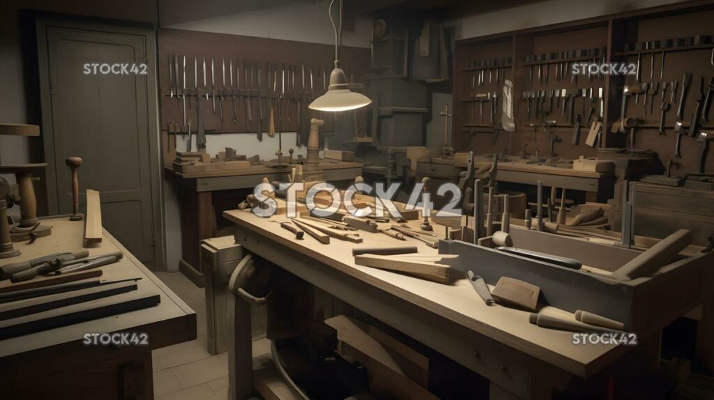 A workshop filled with woodworking tools such as chisels_