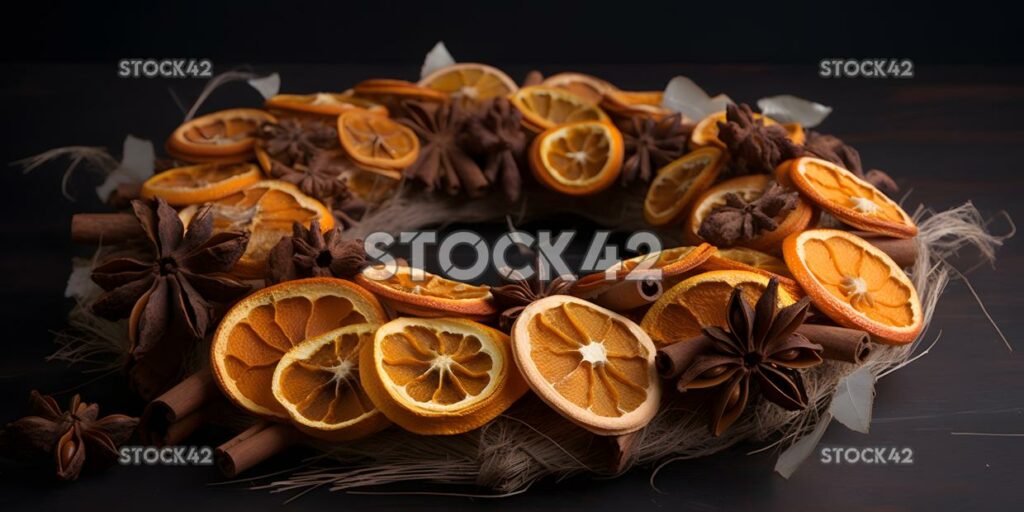 Una corona hecha de naranjas secas y palitos de canela uno