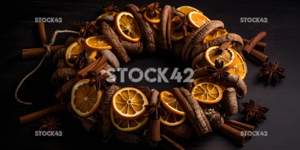 A wreath made of dried oranges and cinnamon sticks three