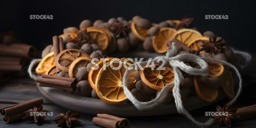 Una corona hecha de naranjas secas y palitos de canela dos