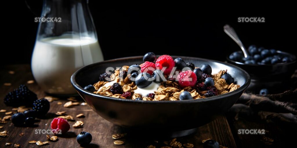 Eine Schüssel aus hausgemachtem Müsli mit frischen Beeren und Almon