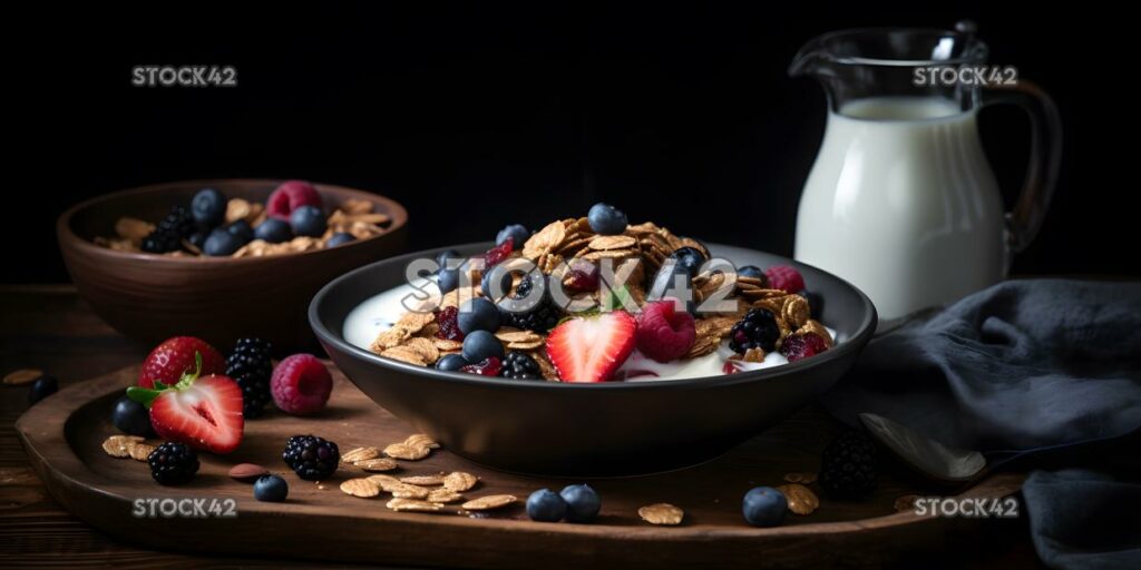 Eine Schüssel aus hausgemachtem Müsli mit frischen Beeren und Almon one