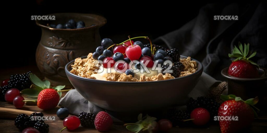 Eine Schüssel aus hausgemachtem Müsli mit frischen Beeren und Almon drei