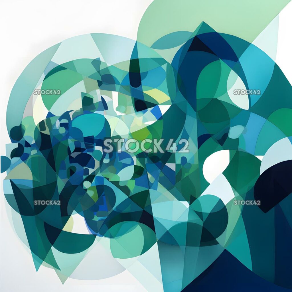 Abstract geometric shapes in shades of blue and green ove three