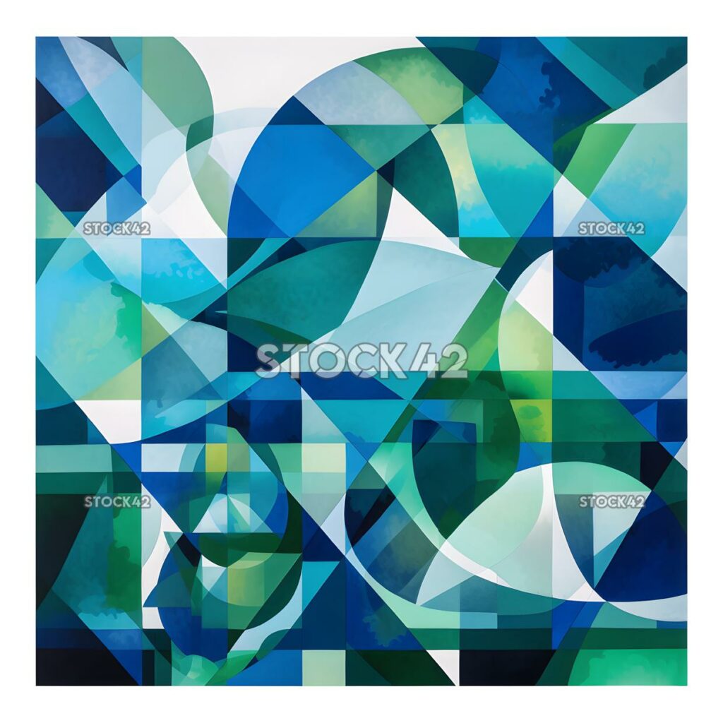 Abstract geometric shapes in shades of blue and green ove two