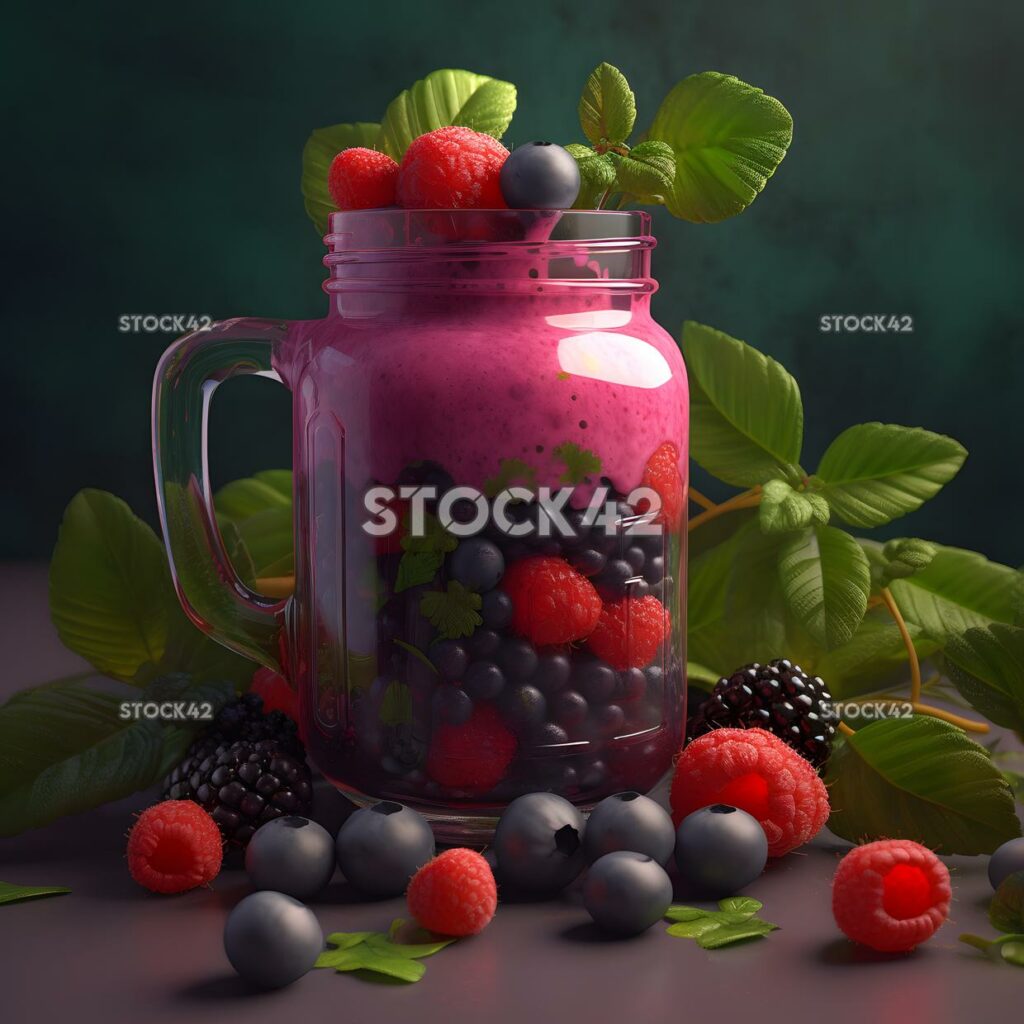 Ein bunter Smoothie mit hellen Beeren und frischem Grün