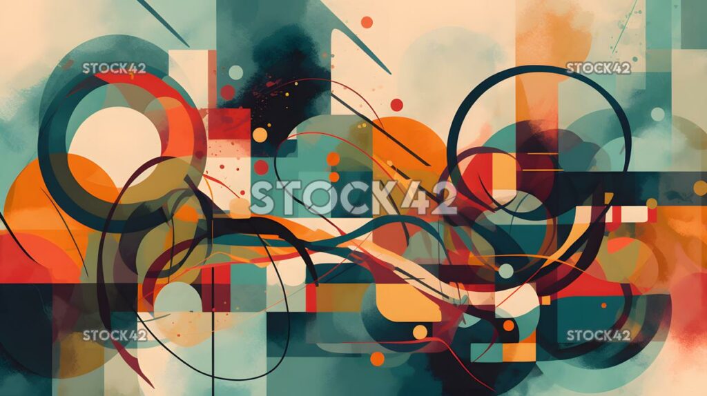 An abstract design with overlapping shapes and colors