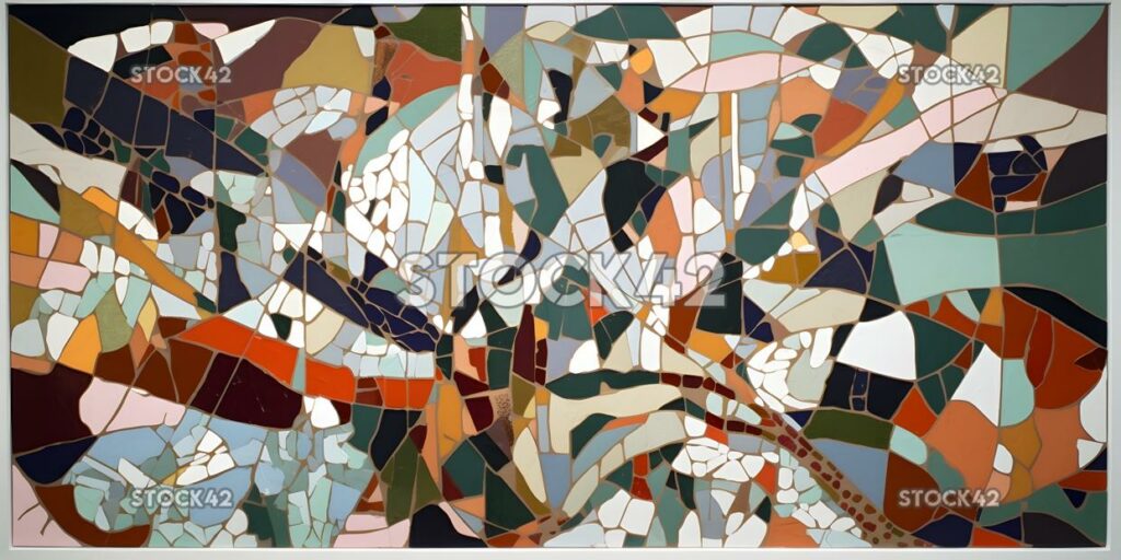 An abstract mosaic of irregular shapes and colors on a wh one